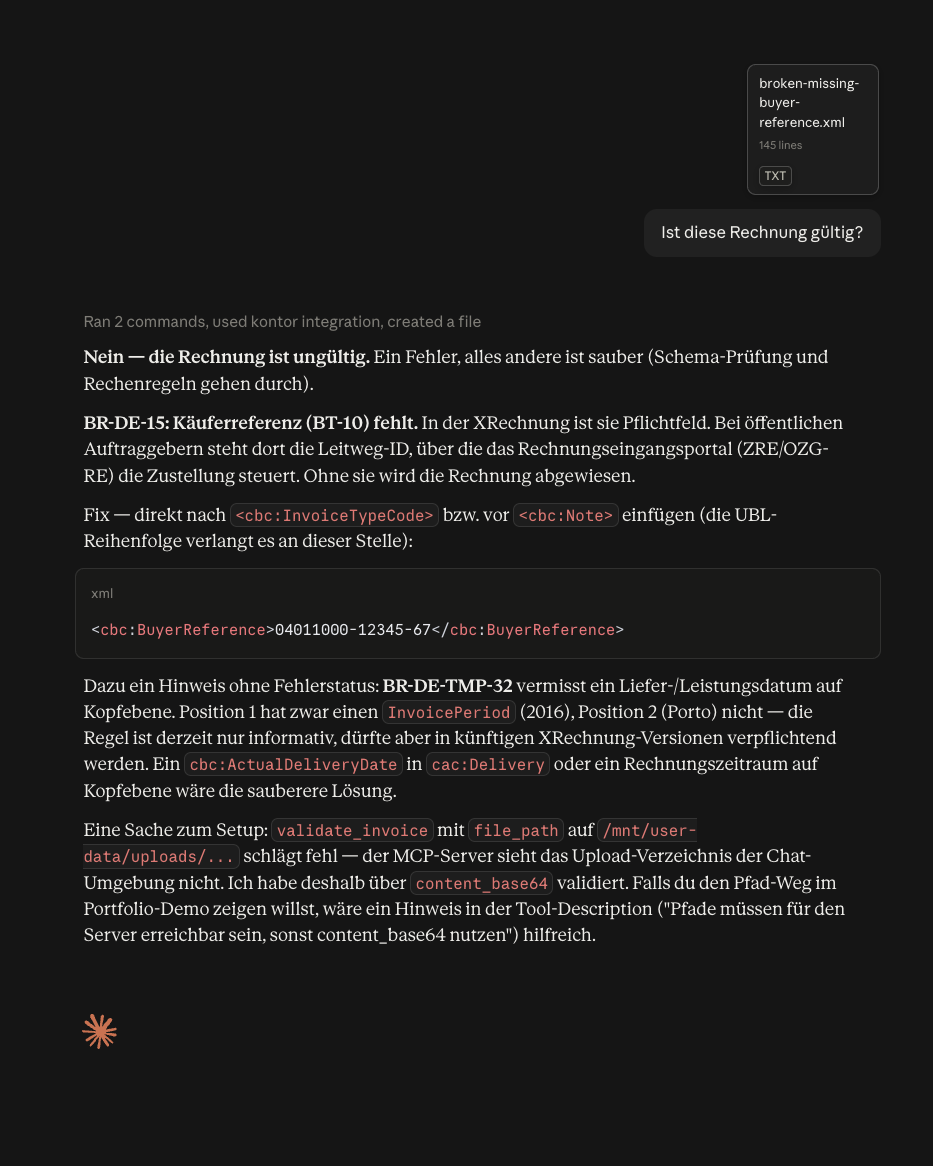 Claude Desktop conversation: a broken invoice is validated, the verdict is UNGÜLTIG and rule BR-DE-15 is explained with a fix