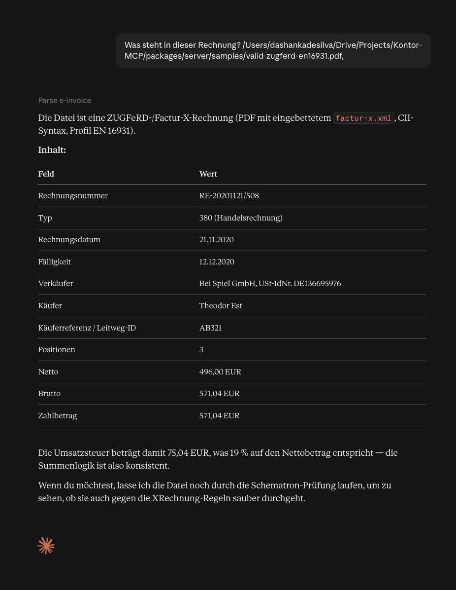 Claude Desktop conversation: a ZUGFeRD PDF is parsed and its header, parties and totals are summarised