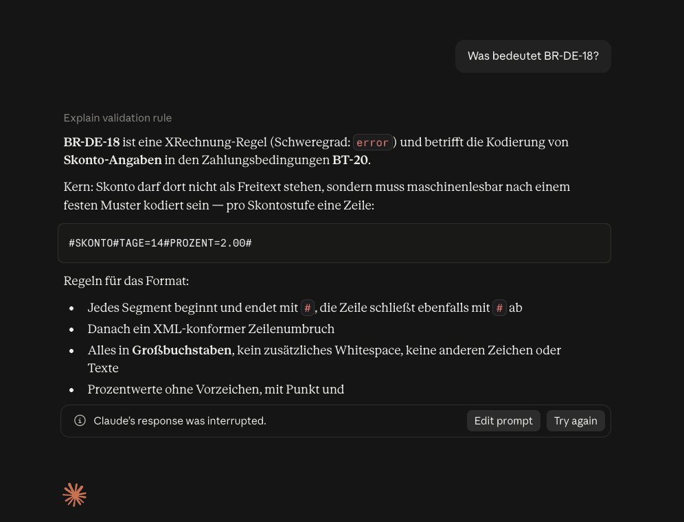 Claude Desktop conversation: the rule BR-DE-18 is explained including the required Skonto format